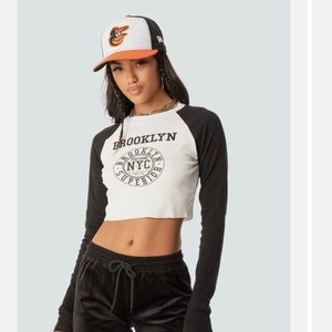 Edikted Brooklyn Babe T-Shirt, Size Small, Black and White Long Sleeve.